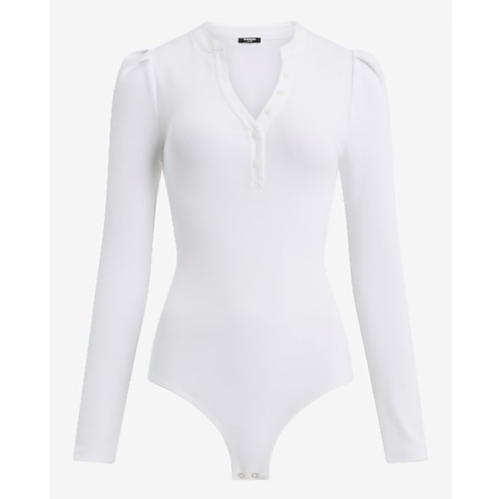 NWT Express Ribbed Puff Sleeve Button Front Henley Thong Bodysuit White Size L - Picture 8 of 8